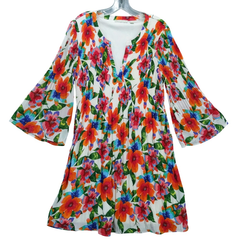 Sunny Leigh Floral Print Pleated Bell Sleeve Dress Multicolor‎ Size M